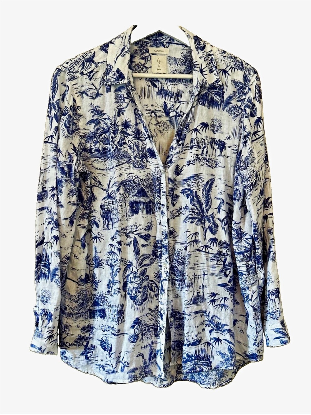 Joie 100% Linen Blur & White Printed Button-Down Shirt L Toile Coastal Resort